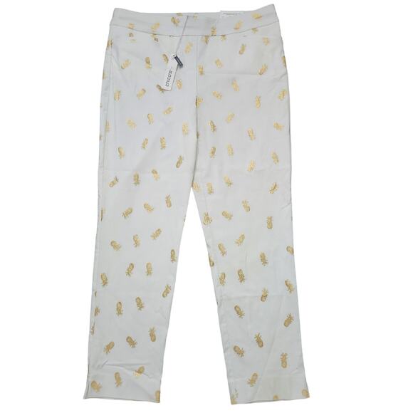 NWT Chico's Brigitte Tropic Pineapple Gold Foil Ankle Pant Size Chico's 2 US 12 - Picture 1 of 4